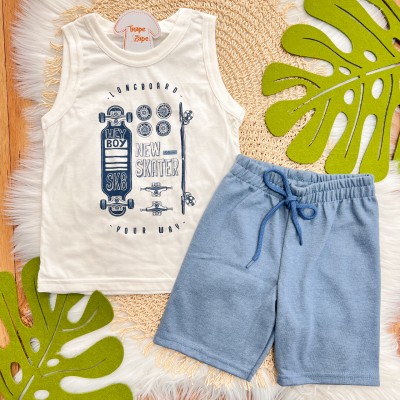 Conj. Regata Longboard e Bermuda em Moletinho - Off White e Azul Jeans